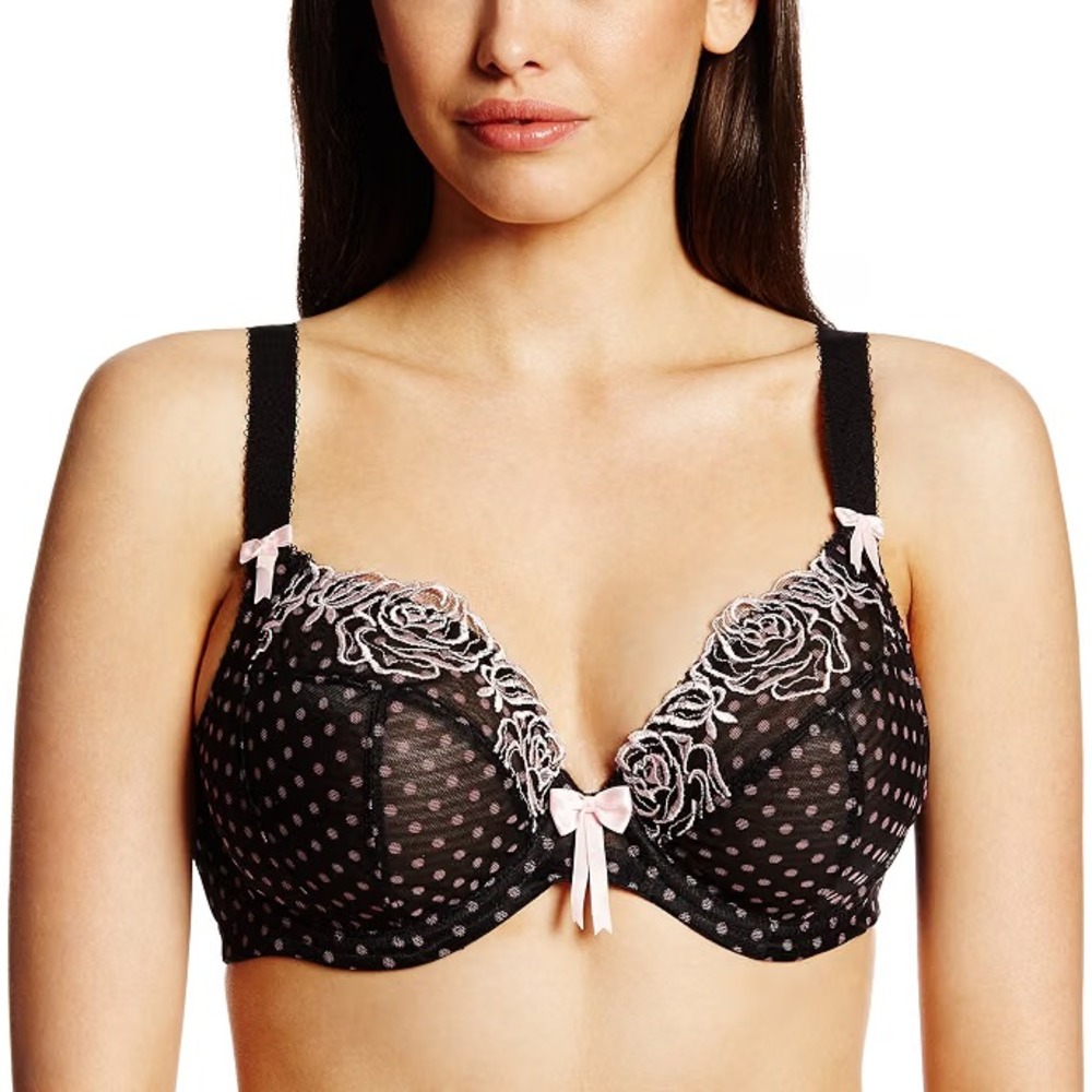 Elomi Bra Betty Unlined Plunge Underwire Pink Black Dot Lace